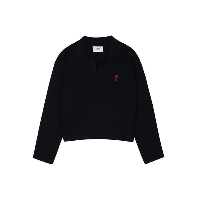 아미 여성 하트 로고 오픈 폴로 니트 블랙 UPL346-KN0042-001