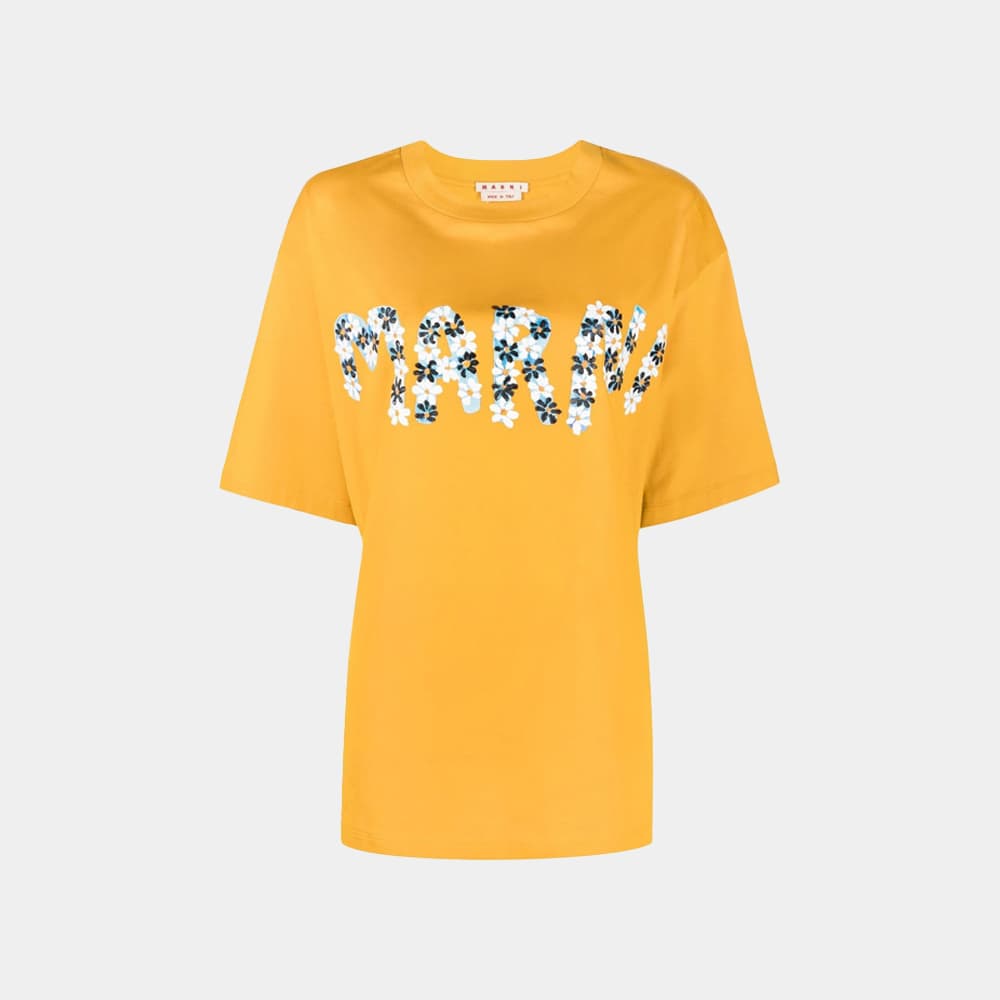 당일배송마르니 여성 데이지 플라워 로고 프린팅 라운드 머스타드 반팔 THJET49EPMUSCT06DLY 65