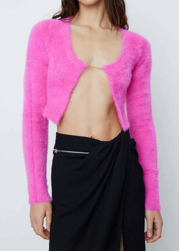 당일배송자크뮈스 여성 로고 스틸 플러피 오픈 크롭 가디건 핫핑크 22H223KN010 2380 430