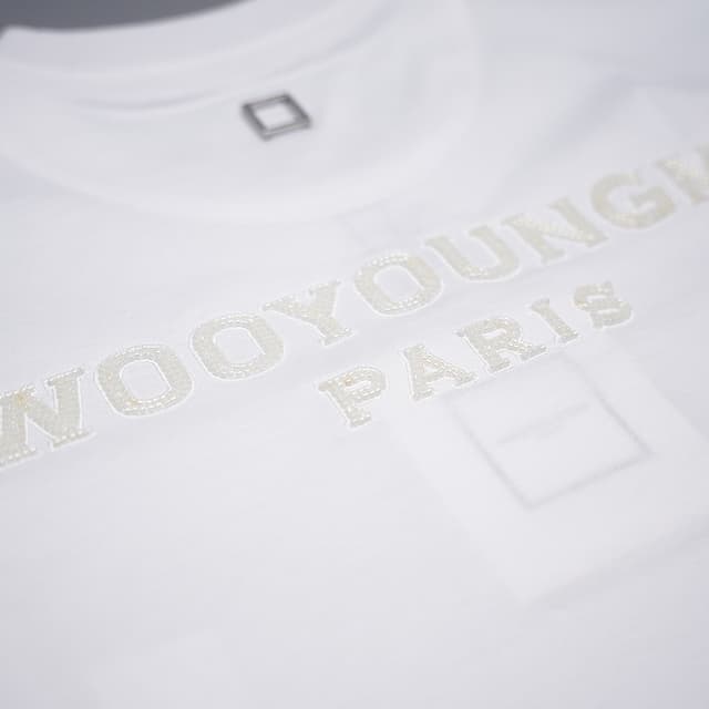 당일배송우영미 남성 비즈 백로고 뱃지 라운드 코튼 반팔티셔츠 화이트 W233TS09701W