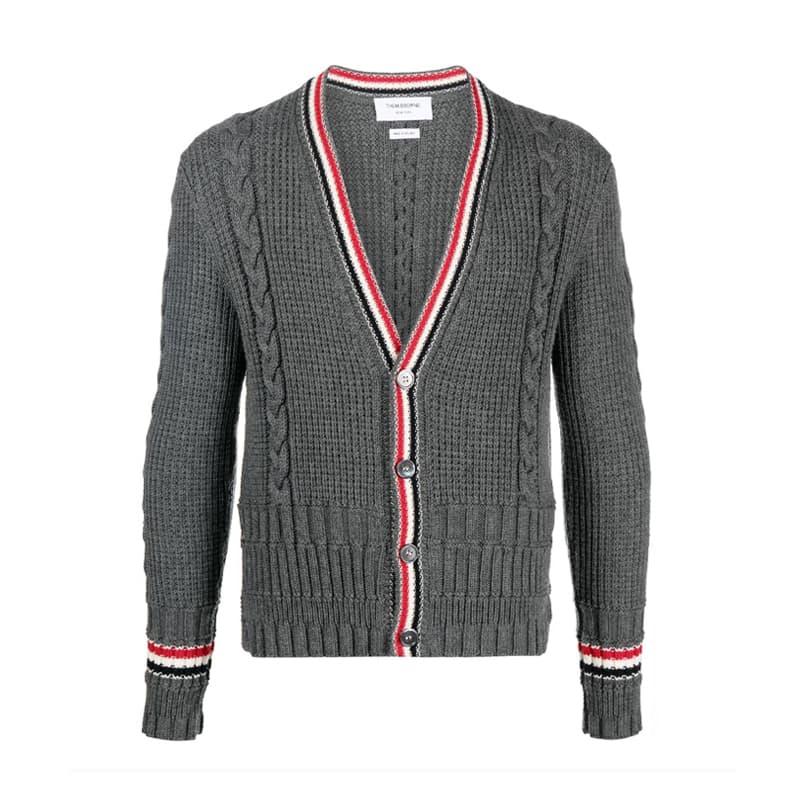 당일배송[톰브라운] MKC454A Y1024 035 RWB 스트라이프 케이블 스티치 클래식 브이넥 가디건 메드그레이 남성 자켓
