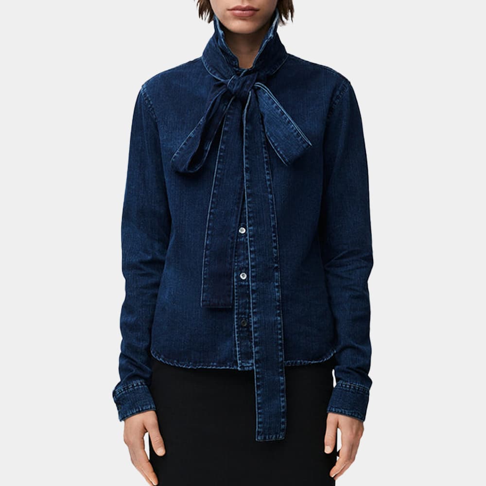 당일배송로에베 여성 인디고 보우 리본 데님 셔츠 자켓 블루 S359Y1DX09 8383