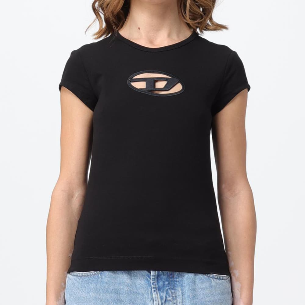 당일배송디젤 여성 컷아웃 피카부 로고 반팔 티셔츠 블랙/블랙 A062680AFAA9XXA