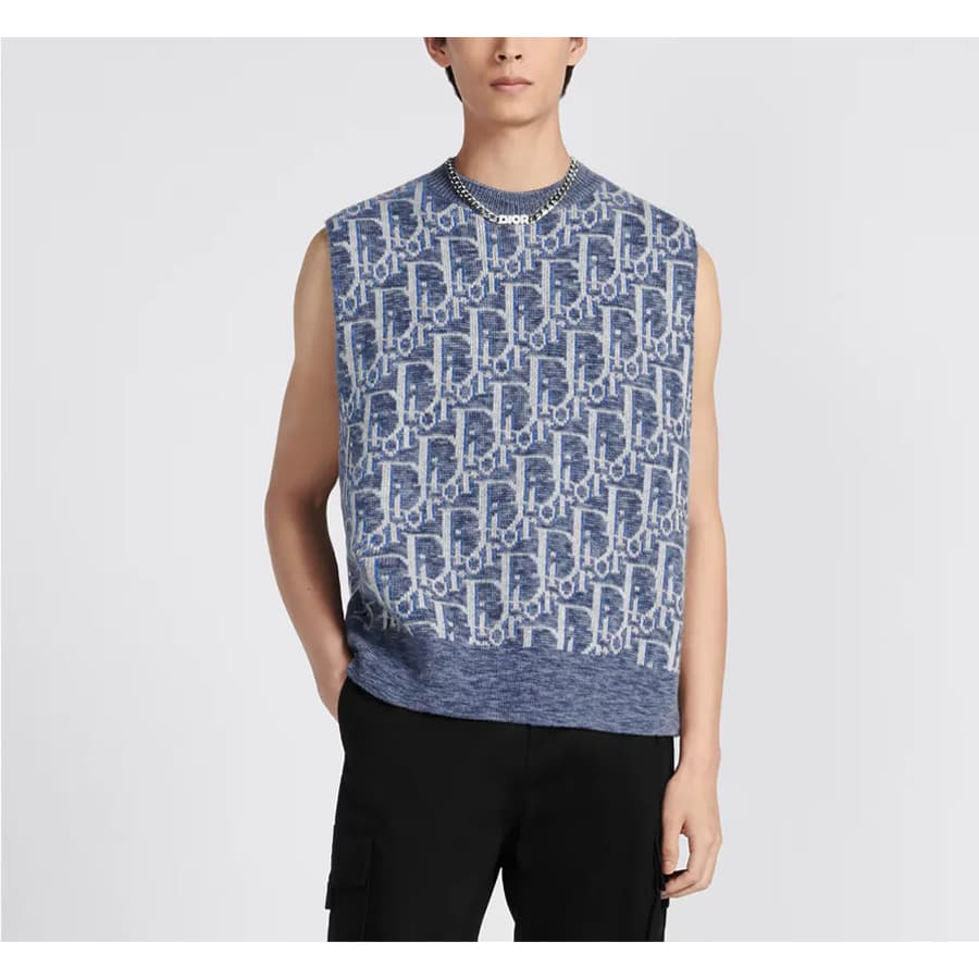 디올 남성 울 자카드 오블리크 니트 베스트 (블루화이트) 393M662AT662 C580