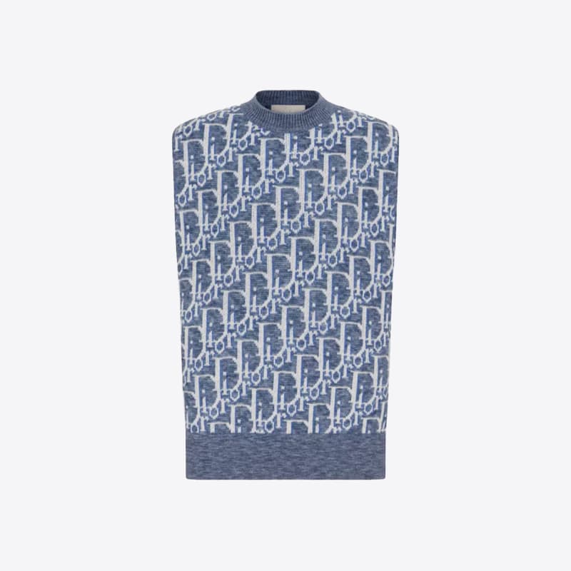 디올 남성 울 자카드 오블리크 니트 베스트 (블루화이트) 393M662AT662 C580